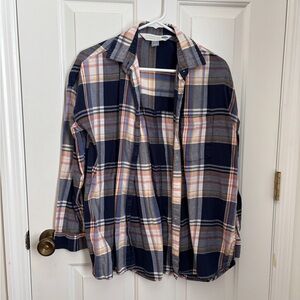 Old Navy Navy Blue Gray and Cream Plaid Button-Up Shirt